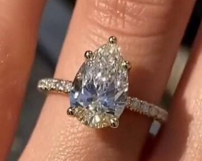 Lab Grown Diamond Ring 3CT Pear Shaped Engagement Ring Solid Gold Hidden Halo Solitaire Certified Diamond pear cut Wedding Anniversary ring