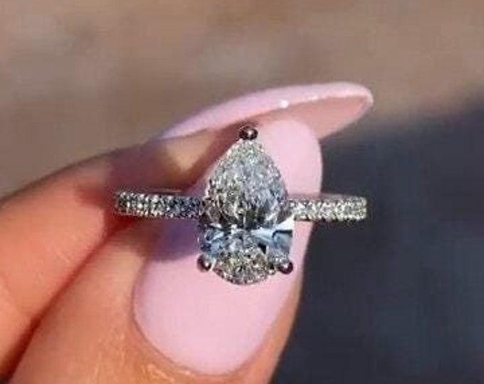 2CT Pear Cut Lab grown Diamond Engagement Ring Pave Wedding Band 14k Gold Ring Hidden Halo Ring For Her Anniversary Gifts Promise Ring