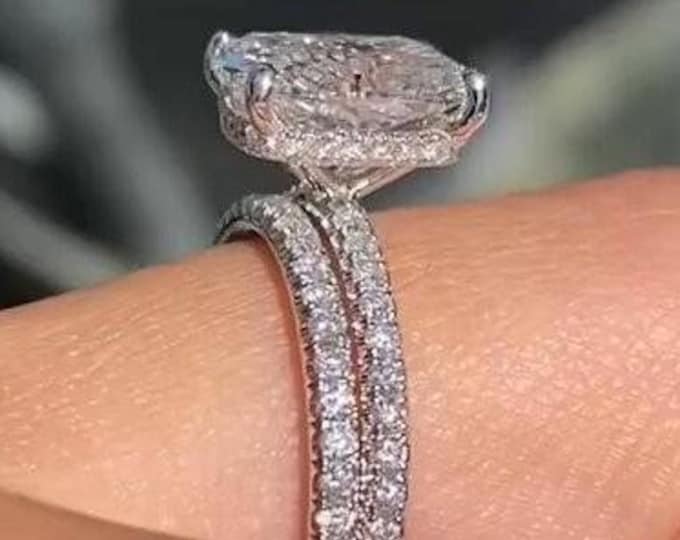 3CT Elongated Cushion Cut Lab Grown Diamond Engagement Ring Set Bridal Ring Set Wedding Ring Set 14k Gold Ring For Her Anniversary Gifts