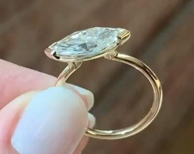 East West Marquise Cut Lab Grown Diamond Half Bezel Solitaire Engagement Ring Horizontal Diamond Ring Yellow Gold Wedding Ring Promise Ring