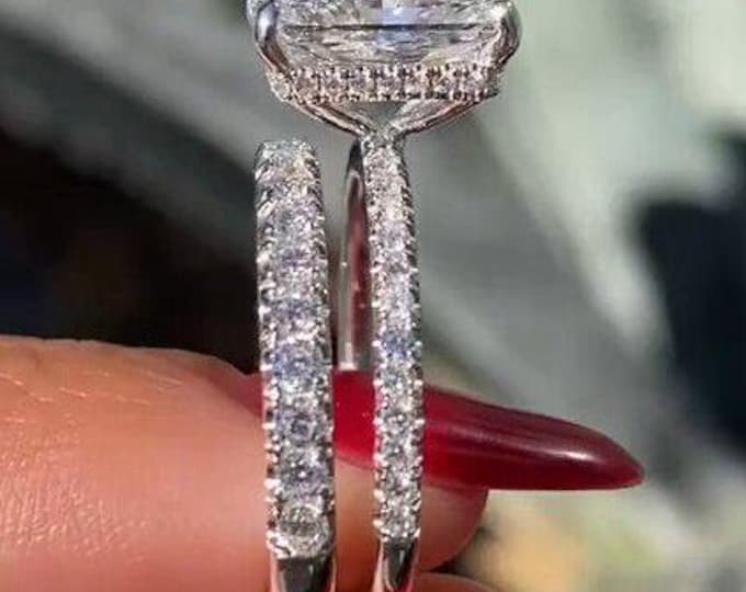 3CT Radiant Cut Lab Grown Diamond Engagement Ring Set Bridal Ring Set 14k Gold Ring Wedding Ring Set Anniversary Ring Full Eternity Band