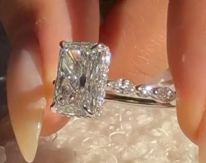 3CT IGI Certified Radiant Cut Lab Grown Diamond Hidden Halo Engagement Ring Side Marquise and Round Diamond Band Solitaire Ring