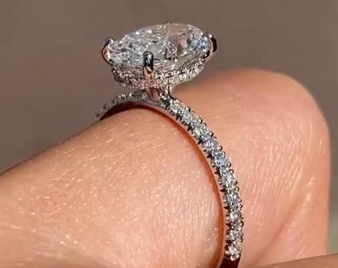 2CT Classic Vintage Oval Cut Lab Grown Diamond Engagement Ring Pave Wedding Band 14k Gold Ring Oval Hidden Halo Ring Promise Ring For Her