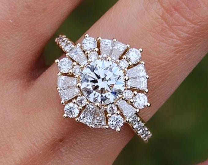 Vintage Sunburst Halo Lab Grown Engagement Ring Art Deco 14k Gold Diamond Cluster Ring Unique Bridal Jewelry Gift for Her Anniversary Ring