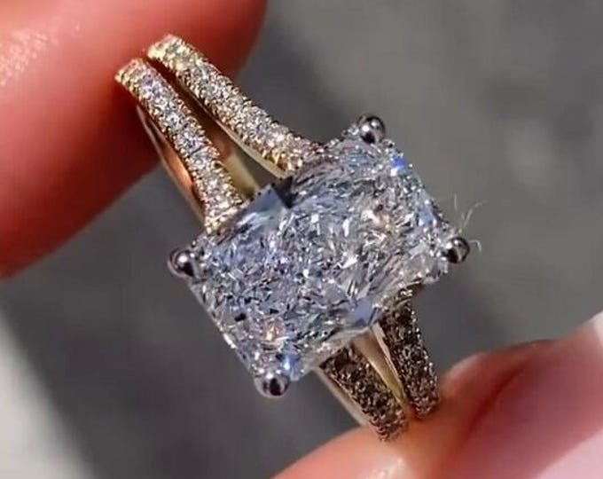 4CT Radiant Cut Lab Grown Diamond Ring Double Band Pave Engagement Ring 14K Gold Ring Wedding Ring Unique Hidden Halo Ring Promise Ring