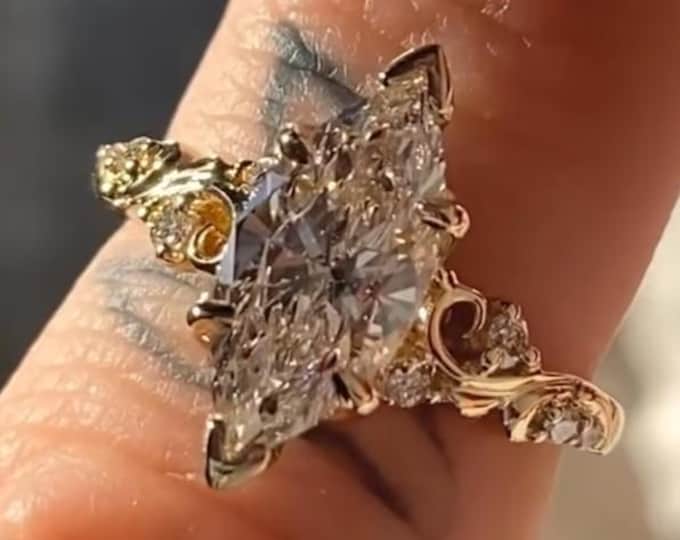 Vintage Inspire Marquise Lab Grown Diamond Engagement Ring 14K Solid Gold Natural Inspired Fairy Wedding Ring Promise Ring IGI Certified