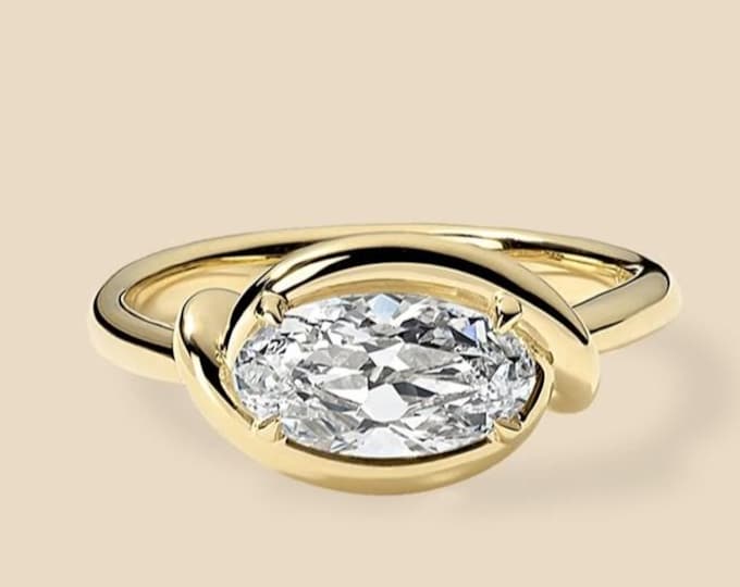 2 CT Oval Lab Grown Diamond Ring Horizontal Engagement Ring Solid Gold Solitaire Ring East West Ring Oval Diamond Ring Anniversary Gift