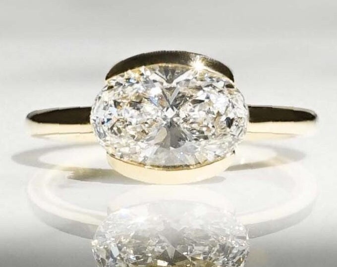 Oval Lab Grown Diamond Ring Half Bezel Engagement Ring Solid Gold Solitaire Ring East West Ring Oval Engagement Ring Anniversary Ring