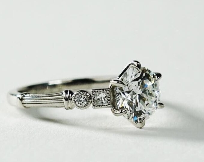 Vintage Round Cut Lab Diamond Engagement Ring Art Deco 14K White Gold Bridal Ring Unique Solitaire Wedding Ring Antique Style Promise Ring