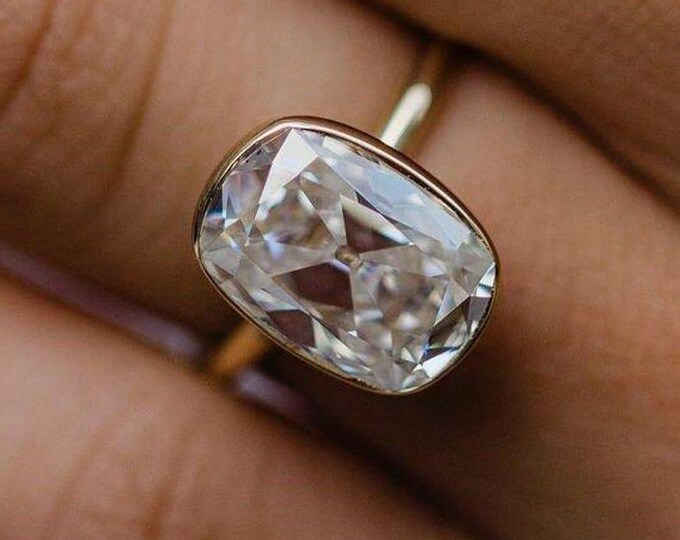 5CT Old Mine Elongated Cushion Cut Lab Grown Diamond Ring Solitaire Bezel Set Engagement Ring 14K Gold Wedding Ring Anniversary Ring For Her