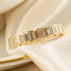 Bezel Set Emerald Cut Lab Grown Half Eternity Band Emerald Diamond Wedding Stackable Band 14K Solid Gold Ring Anniversary Ring For Women