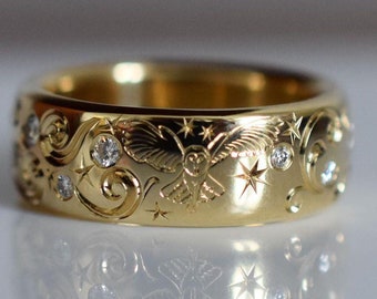Art Deco 14K Solid Yellow Gold Wedding Band Flash Setting Moissanite Ring Classic Designer Band Stackable Rings Matching Band Rings For Him