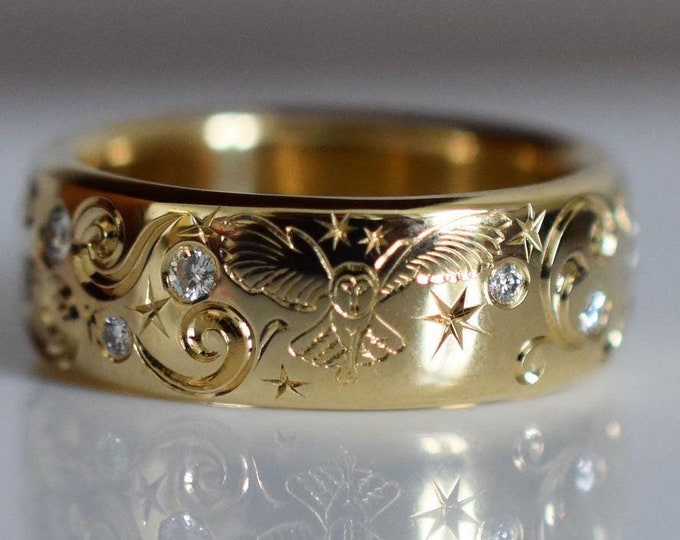 Art Deco 14K Solid Yellow Gold Wedding Band Flash Setting Moissanite Ring Classic Designer Band Stackable Rings Matching Band Rings For Him