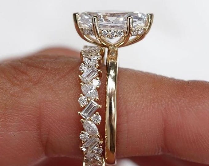 3ct Oval Lab Grown Diamond Engagement Ring Wedding Ring Set Matching Full Eternity Band Hidden Halo Ring Bridal Set Promise Ring For Her