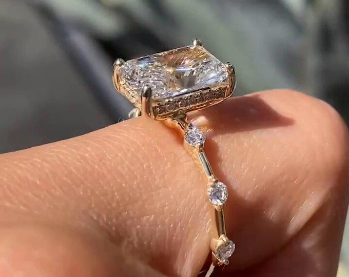 Hidden Halo Engagement Ring 3.0 CT Radiant Cut Lab Grown Diamond Ring Marquise Diamond Distance Pave Wedding Ring Anniversary Gift