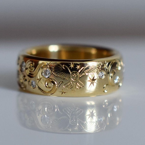 Art Deco 14K Solid Yellow Gold Wedding Band Flash Setting