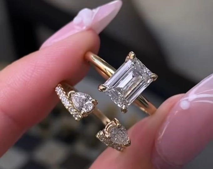 Emerald Cut Lab-Grown Diamond Ring 14K Gold Engagement Ring Three Stone Ring with Pear & Round Diamonds Ethical Bridal Jewelry Handmade Gift