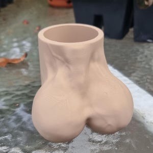 May include: A light beige, cylindrical container with a smooth, matte finish. The base of the object features two prominent, rounded, symmetrical protrusions that give it a distinct anatomical shape. The top is open with a circular rim.