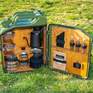 Minibar con bidón, juego de café artesanal, bidón de café personalizado, kit de viaje artesanal, bidón de café