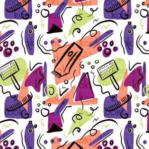 Seamless Digital Download | JPEG | Dog Grooming Tools | Retro Eighties | Purple, Orange, Green