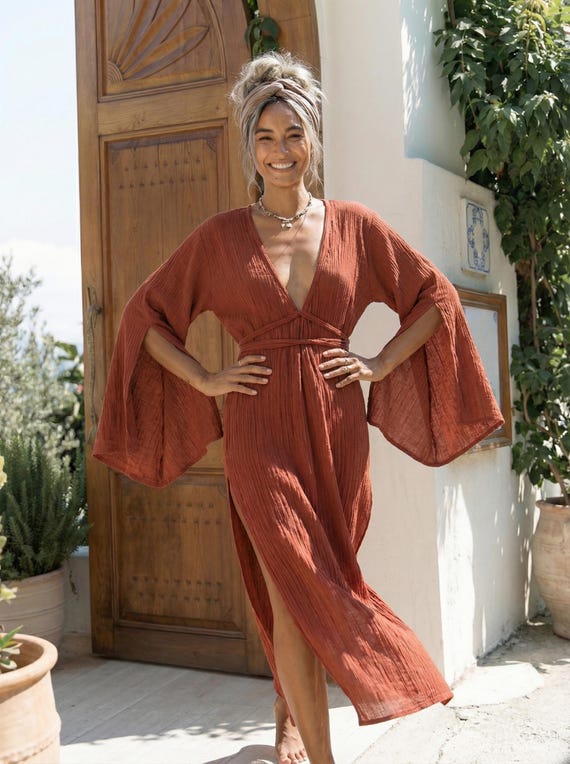 kaia maxi dress brown Goddess Wrap Muslin Gown | Split Sleeve Deep V Size:6.5W L 146cm Sleeve-Short Black halter cutout maxi