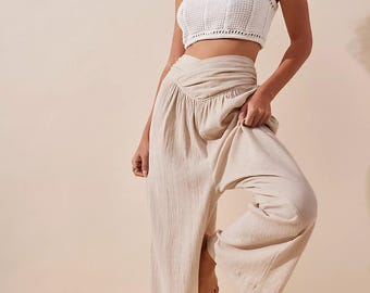 Türkische Baumwoll Haremshose, Boho Weites Bein, Natürlicher Bund, Hippie Stil
