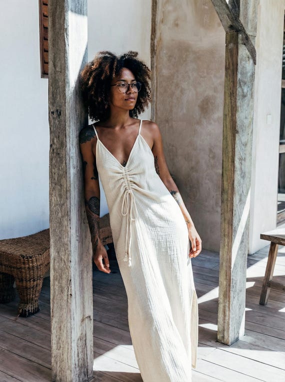 drawstring ruched backless dress Muslin Maxi | V-neck Strappy Slip Dress versatile SNDYS - Halterneck MAXI Size:US26W = _inches.5