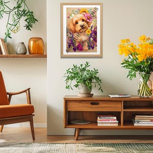 16 Cartoon Dog Portrait with Vibrant Flowers Beige Background – Cavoodle - Black, Light/Dark Brown & White, PNG, Instant Download, Printable