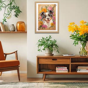 12 Cartoon Dog Portrait with Vibrant Flowers Beige Background – Border Collie in Black, Merle and Brown, PNG, Instant Download, Printable