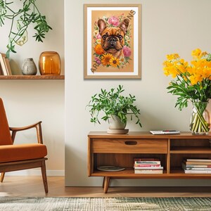 12 Cartoon Dog Portrait with Vibrant Flowers Beige Background – French Bulldog in Grey, Brown & Multi, PNG, Instant Download, Printable