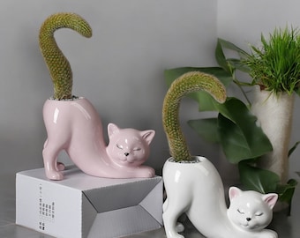Cat Planter Pot Ceramic Succulent Flower Pot Cute Animal Plant Holder Cat Lover Gift Desk Plant Pot Whimsical Home Decor