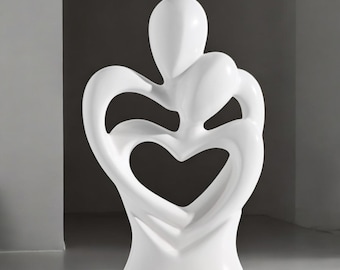 Silver Heart in Heart Couple Statue Metallic Hugging Figurine Abstract Love Sculpture Anniversary Gift for Her
