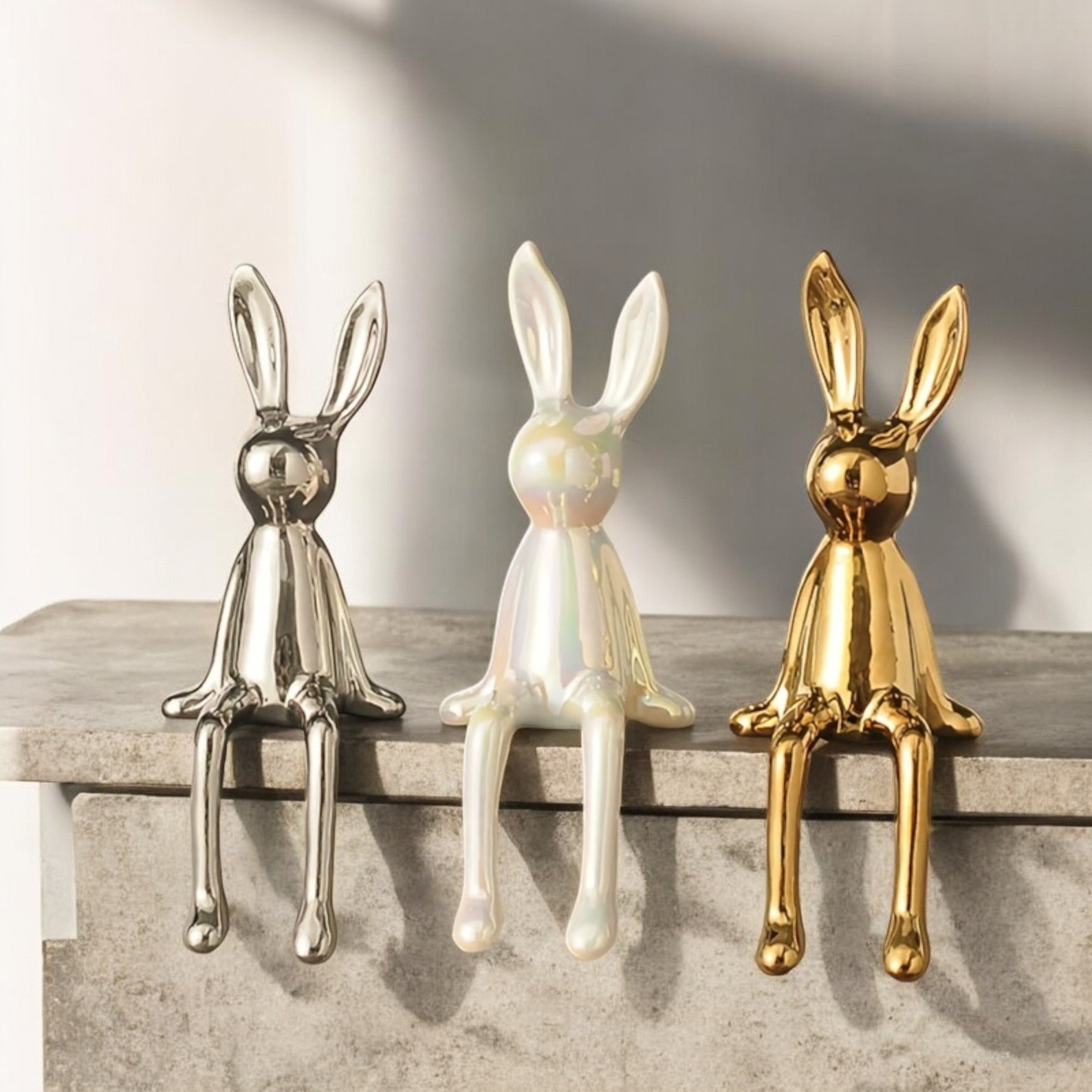 Ceramic Rabbit Statue Long Eared Bunny Figurine Luxury Home Decor ...