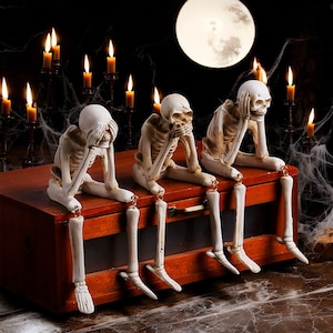 Hear-See-Speak No Evil Skeleton Statues – Halloween Resin Shelf Decor