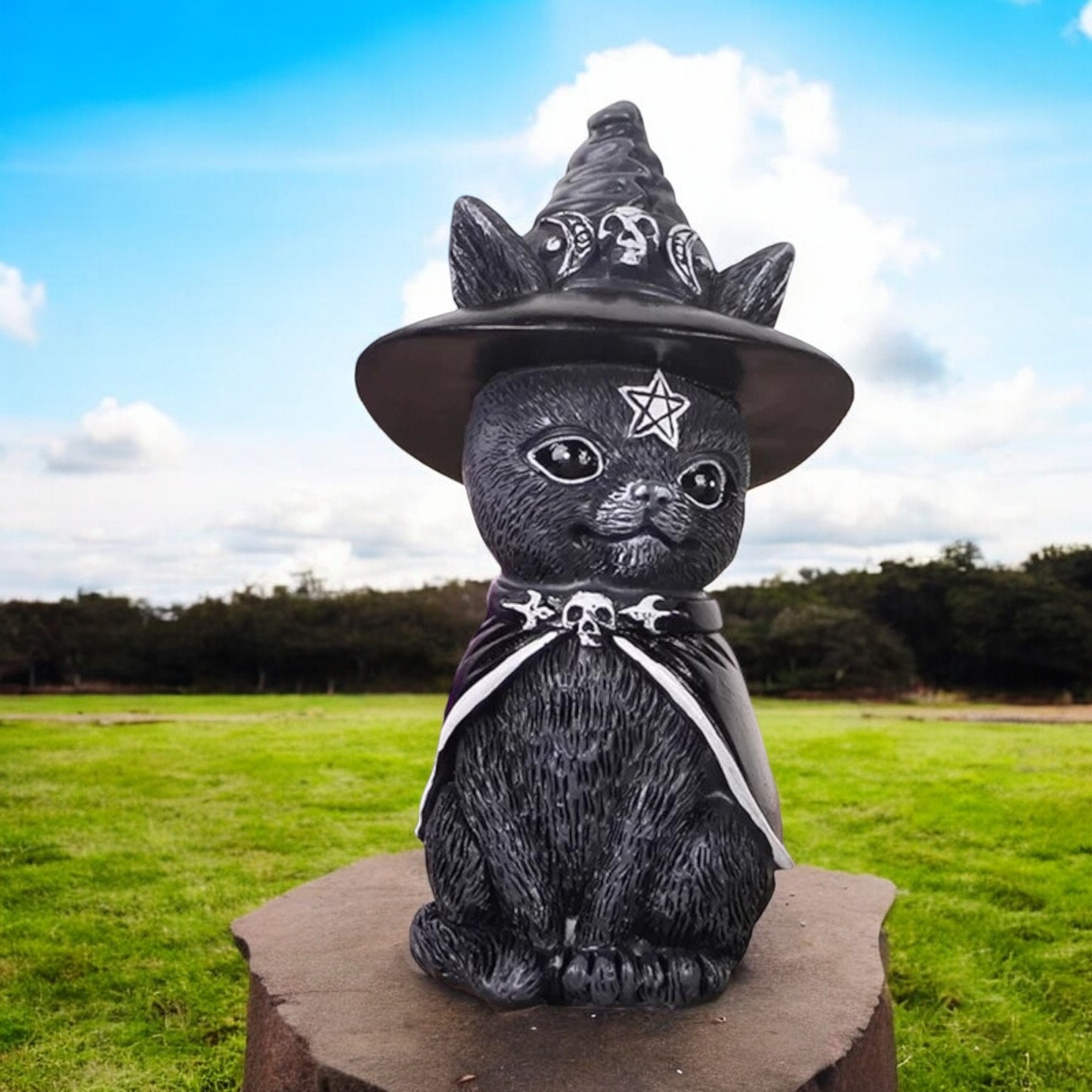 Mysterious Black Cat Statue - Witch Cat Doll | Cute Halloween Tabletop Decoration | Witchy Home Decor | Spooky Cat Ornament Gift Idea