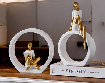 Resinläsningsfigur staty handgjord skulptur abstrakt mänsklig figur i cirkel modern minimalistisk prydnad heminredning unik presentidé