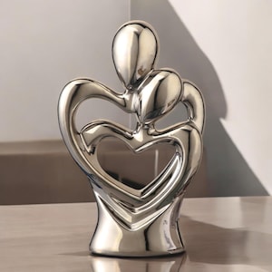 Herz in Herz Paar Statue | Abstrakte umarmt Keramikfigur | Galvanisiertes Silber, Weiße Skulptur | Hochzeitsgeschenk & Elegantes Wohnkultur