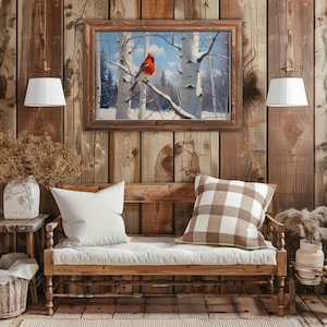 Winter Cardinal Art Print, Red Bird in Snowy Birch Forest, Nature-Inspired Wall Decor, Digital Cardinal Painting for Bird Lovers