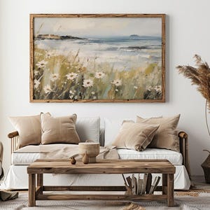 Coastal Wildflower Art Print - Ocean Beach Landscape with Daisies - Serene Seaside Wall Decor for Modern and Rustic Home Interiors