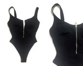 90s zip up black one piece swimsuit bathing suit swim M L la blanca high cut legs U back
