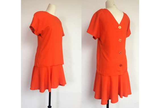 90s linen drop waist dress / button back dress / v