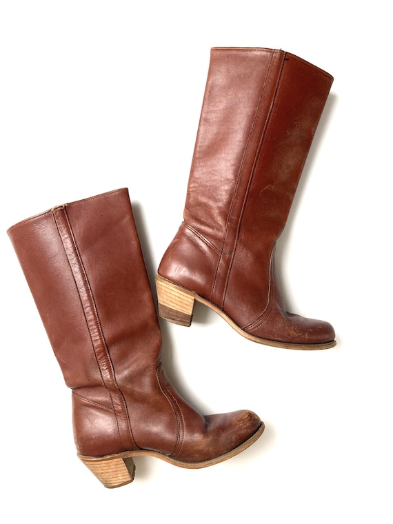 70s knee boots / low heel / campus boots / 8 M