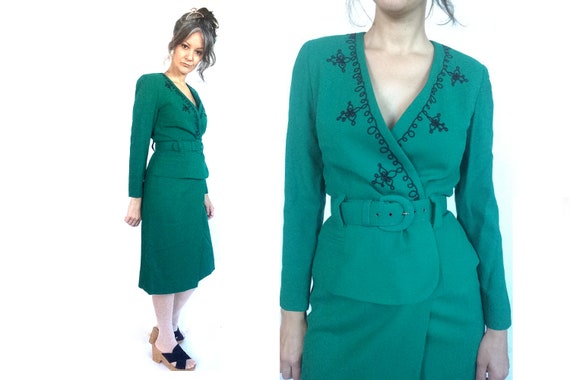90s does 40s wool belted suit / skirt suit / green