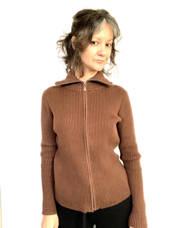 90s thick ribbed cardigan / zip up / brown / sweat