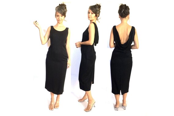 90s does 50s elegant black dress / long / low bac