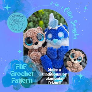 May include: Two crochet otter plushies, one brown and one blue, with large, expressive eyes. The image includes text that reads "2-in-1 Otter Snuggler" and "PDF Crochet Pattern". The plushies are designed to be a traditional or elemental friend.