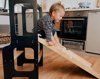 Foldable Toddler Tower: Montessori Step Stool, Blackboard & Slide