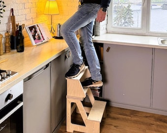 Convertible Birch Wood Step Stool Chair: Folding Kitchen Ladder