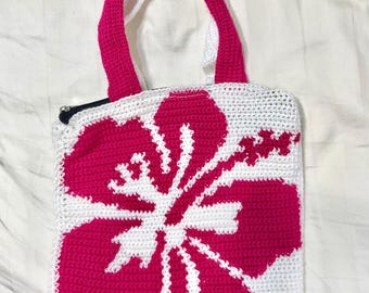 Crochet Hibiscus Beach Bag - Pink Floral Tote with Zipper, Handmade Summer Bag, Hawaiian Aesthetic Vacation Purse, Lined Crochet Bag Gift
