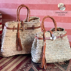 Leather Strap Moroccan Straw Bag: Handmade Woven Boho Market Tote